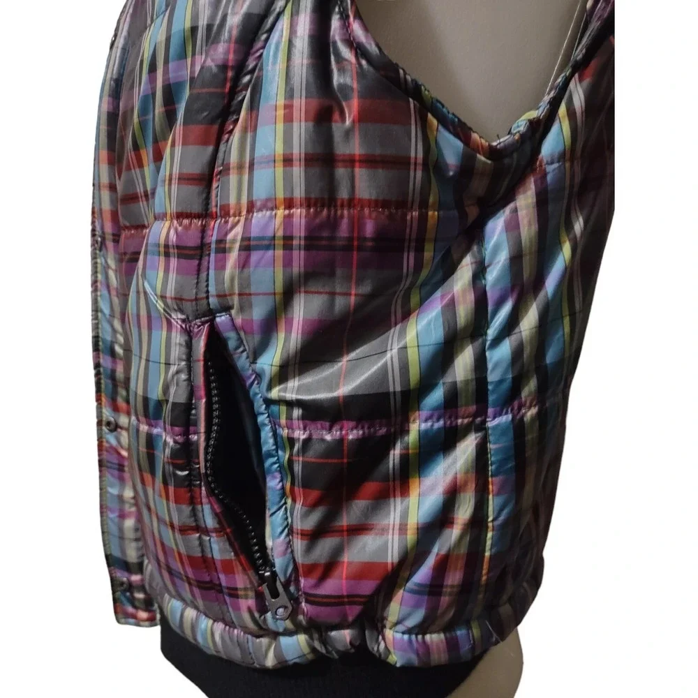 CJ Banks Vest Size X Woman's Plaid Puffer Full Zip With Covered Snap Zip Pockets